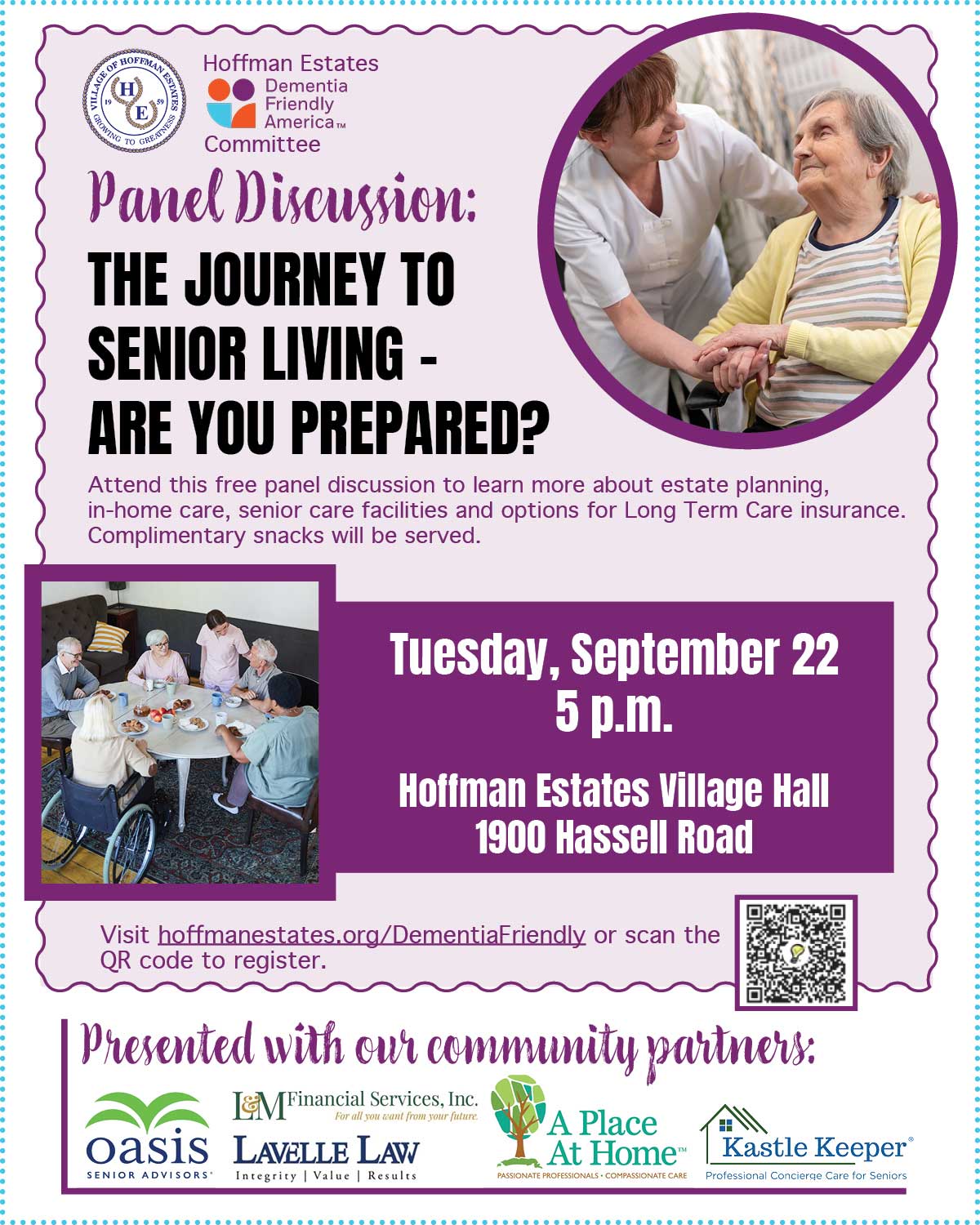 A flyer for a panel discussion on the journey to senior living with text and logos